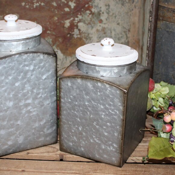 NEW Pair of Galvanized Metal & Wood Farmhouse Storage Decor Canisters - Picture 3 of 6